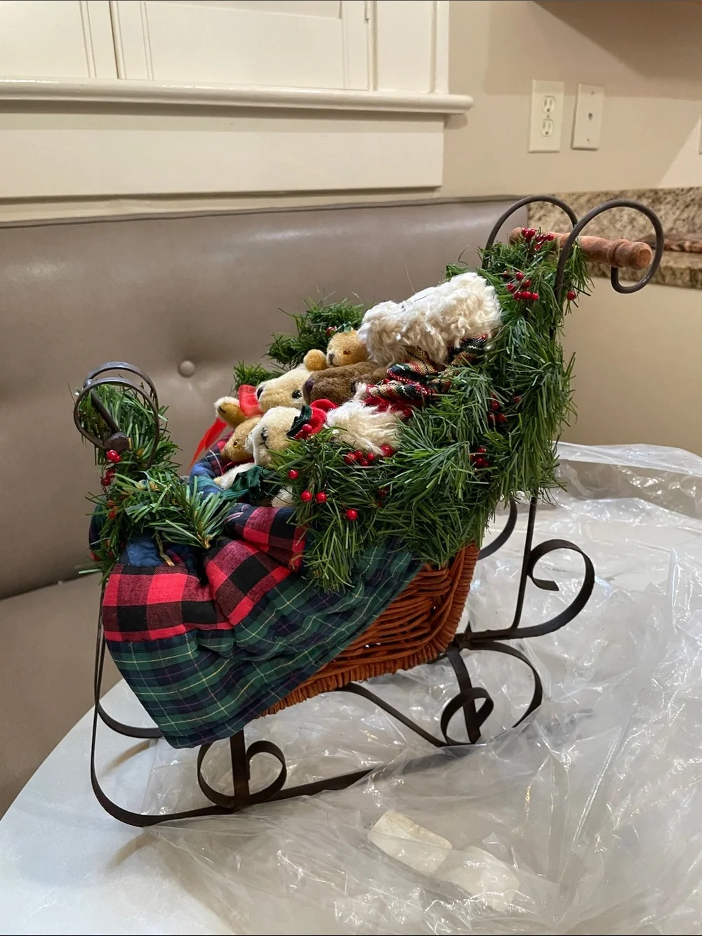 Holiday Plush Bear Sleigh Décor - Cream, Brown, Tan, Green, Red